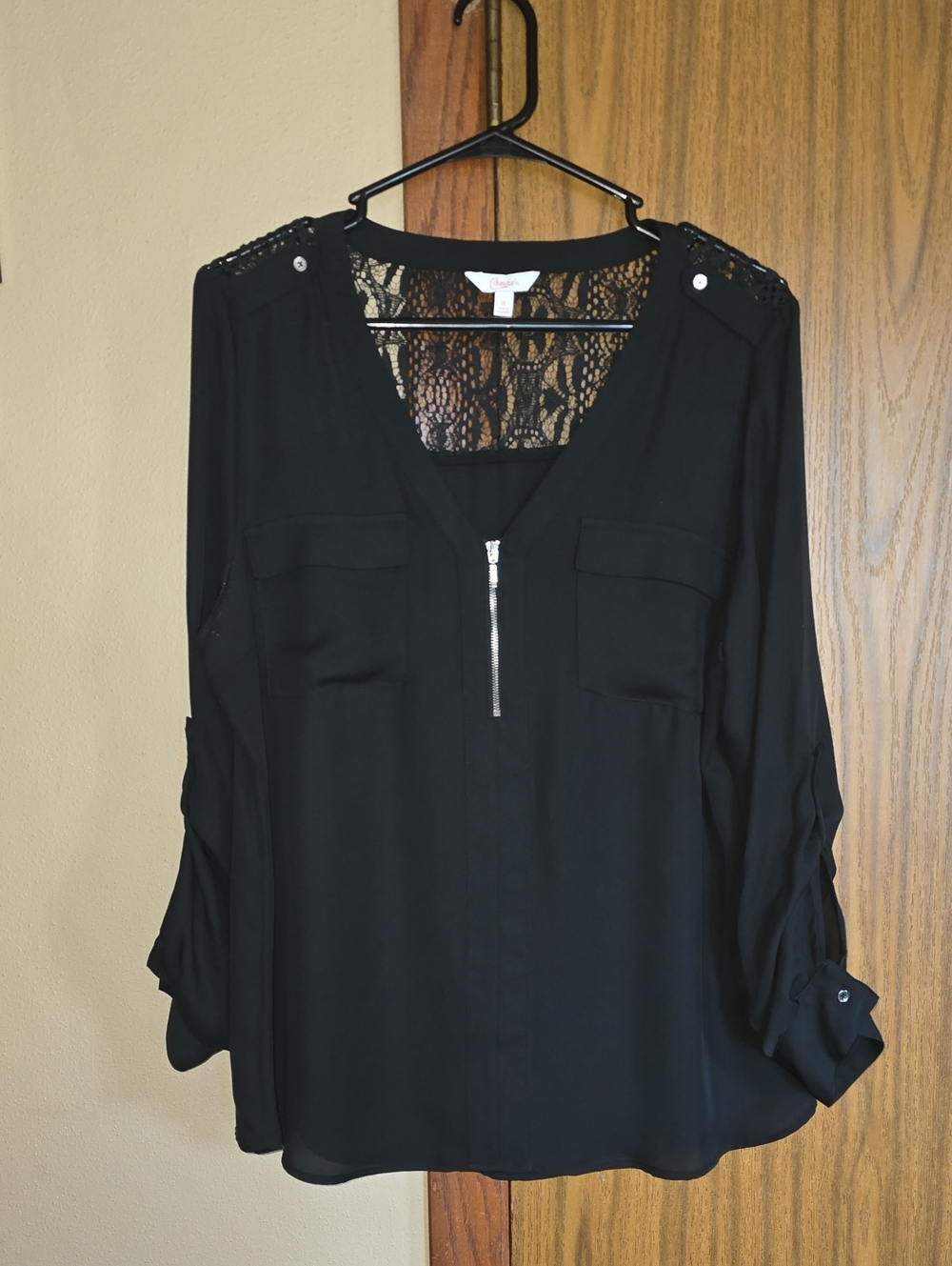 Candie's Black Lace-Back V-Neck Blouse with Front Zip Detail
